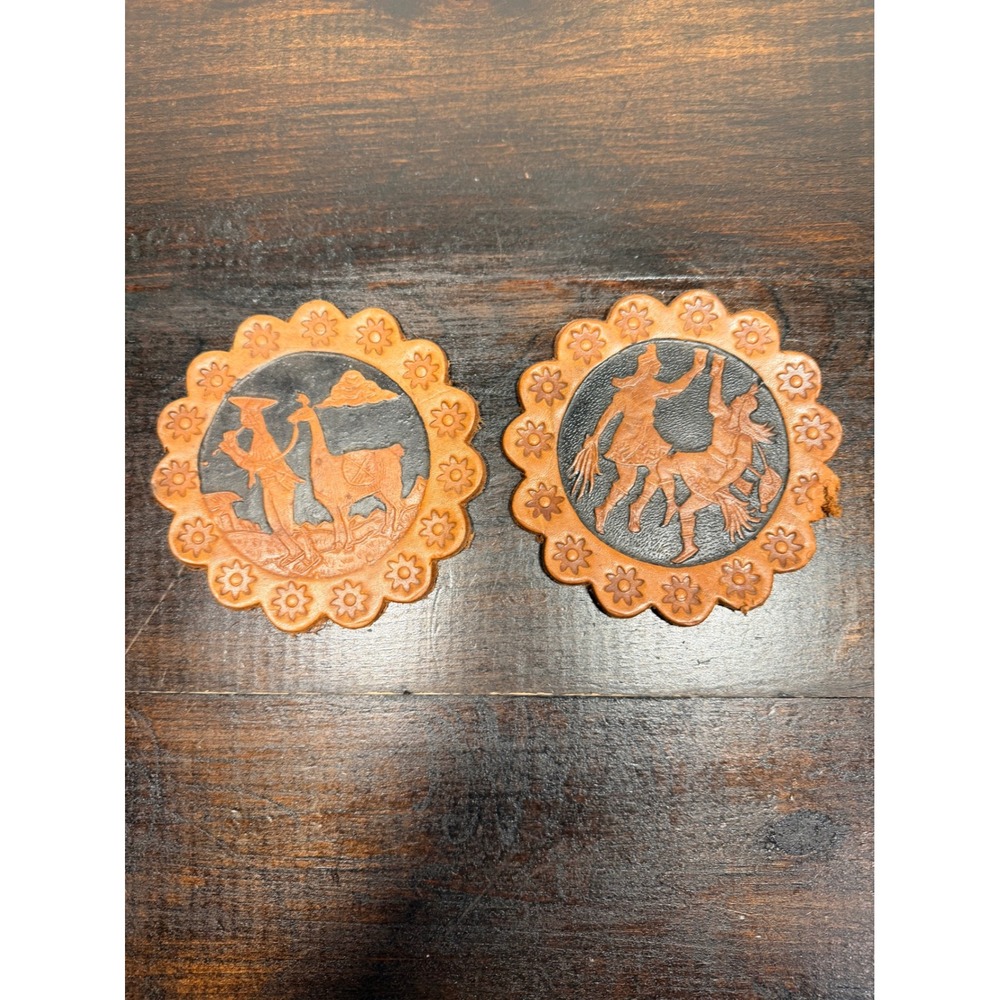2 Vintage Hand pressed Leather Coasters Rustic Peruvian Llama‎ Scene